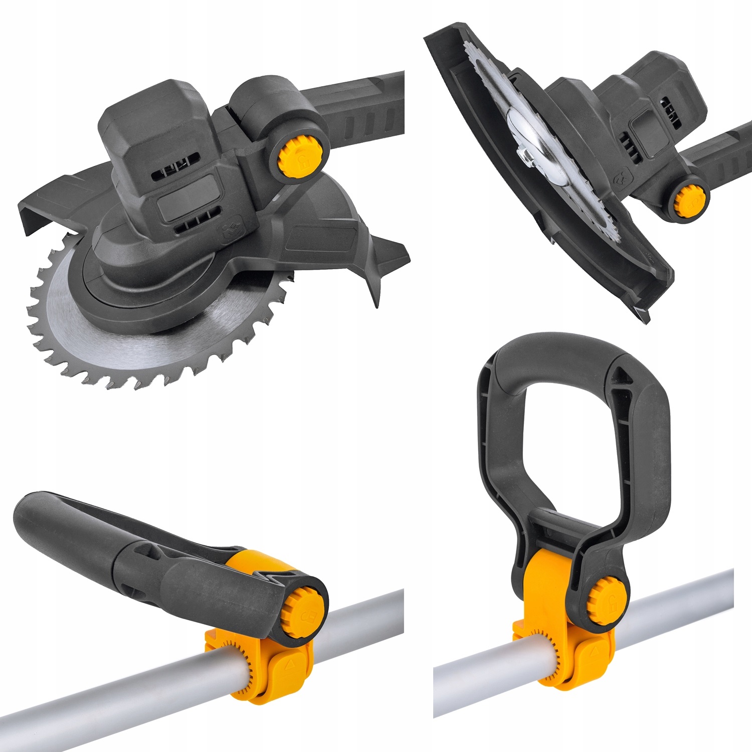 Głowica tnąca z zamontowaną tarczą, uchwyty, zamocowane na rurze podkaszarki, zapewniające komfortowe i ergonomiczne trzymanie podczas pracy.